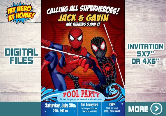 Joint Spider-Man Pool Party Invitation, Spiderman and Miles Morales Invitation, Spider-Man Twins pool party, Joint Spider-Man Thank you. 602 Il_570xn
