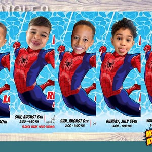 Pu&ograve; includere: Inviti con i volti dei bambini sovrapposti al corpo di Spider-Man, con i dettagli dell'evento. Gli inviti hanno uno sfondo blu con motivi acquatici e includono date, orari e la frase "My Hero at Home!"