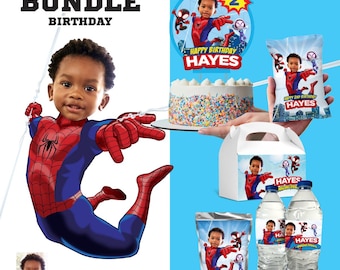 Personalized Spidey Birthday Bundle Set: Cake Topper, Labels, favors, drinks. 740B1