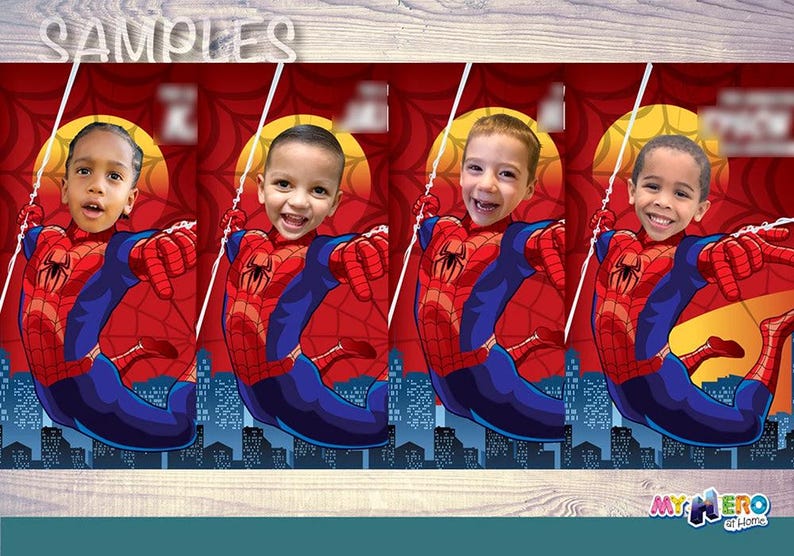 May include: Four children's faces are superimposed on a red and blue Spider-Man costume design. The background features a cityscape silhouette, a yellow sun, and the words "SAMPLES" and "MY HERO at Home".