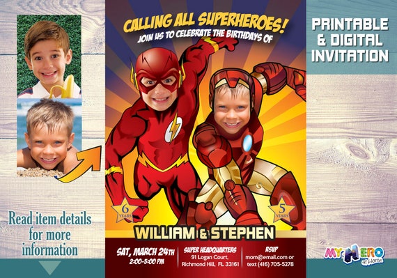 Flash and Ironman Birthday Party Invitations. Turn your boys into Superheroes. Joint Superheroes Party Ideas. Ironman and Flash Party. 159 Il_570xn