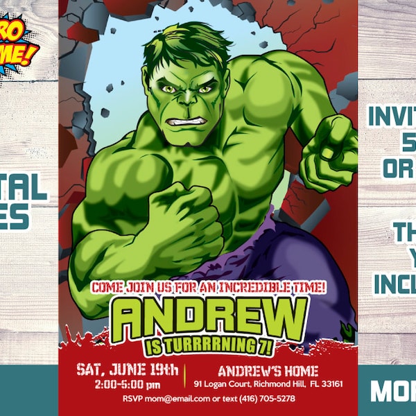Hulk Birthday Invitation, Hulk themed Birthday, The Incredible Hulk Birthday Invitation, Hulk Digital, Invitacion Cumple Hulk. 088NF