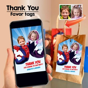 Twins Spiderman and Gwen Stacy thank you, Spider-man and Gwen Stacy Siblings party favors, Spiderman Boy and girl favor tags. 2275TY