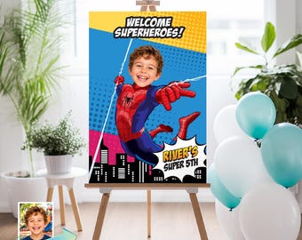 Colorful Cartoon Welcome Superheroes Sign with Birthday Kid as Spider-Man. 2492WS3