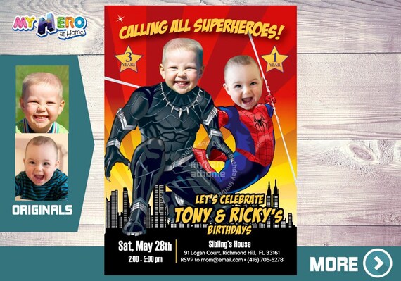 Black Panther and Spiderman Invitation. Avengers Brothers Invitation. Superhero Siblings Party. Spiderman and Black Panther Invitation. 198 Il_570xn