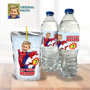 Spiderman water wrappers, Spiderverse water labels, Spiderman party juice labels, Spiderverse juice pouches, Spiderman drinks party. 978WJ