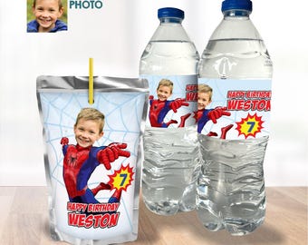 May include: A personalised birthday party set with a juice pouch and two water bottles. Each item is decorated with a Spider-Man theme, including a photo of a child, the number 7, and the text "Happy Birthday Weston."