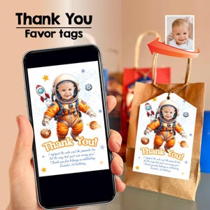 Baby Astronaut Thank you card with photo, Astronaut 1st birthday thanks for coming tags, Astronaut Party tag thank you for the gifts. 2284TY