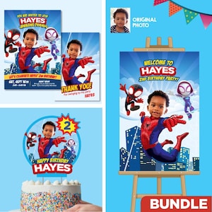 Personalized bundle for a Spidey themed-birthday Party, Custom Spidey cake topper, welcome sign, Invitation and thank you/ favor tag. 740B2