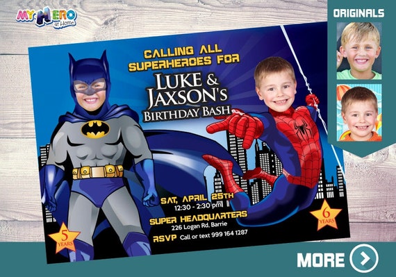 Batman and Spiderman Invitation. Joint superheroes birthday. Superheroes Birthday Invitation. Spiderman and Batman theme Party. 192 Il_570xn
