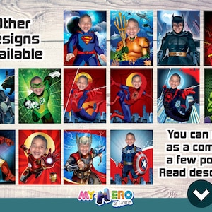 May include: A collection of posters featuring a child's face superimposed on various superhero characters, including Superman, Aquaman, Batman, and The Flash. The posters are displayed on a light wood-grain background. Text on the image reads "Other designs available" and "You can order as a combo of a few posters Read description."