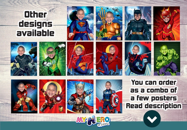 May include: A collection of posters featuring a child's face superimposed on various superhero characters, including Superman, Aquaman, Batman, and The Flash. The posters are displayed on a light wood-grain background. Text on the image reads "Other designs available" and "You can order as a combo of a few posters Read description."