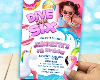 Pink 6th Pool Party Invitation With Photo of Birthday Girl, Dive into Six. 2449IN6