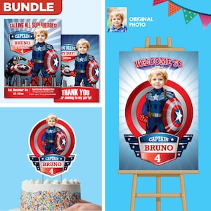 Bundle Captain America themed-birthday Party, Custom Captain America cake topper, welcome sign, Invitation and thank you/ favor tag. 075B2