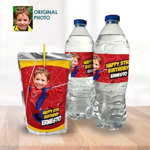 Custom Spiderman water wrappers and party juice labels with kid as the star. 101WJ