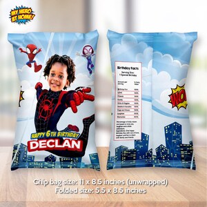 May include: A custom chip bag featuring a child in a superhero costume, Spider-Man graphics, and the text 'HAPPY 6TH BIRTHDAY DECLAN'. The back displays a 'Birthday Facts' nutritional label. The bag measures 11 by 8.5 inches when unwrapped.
