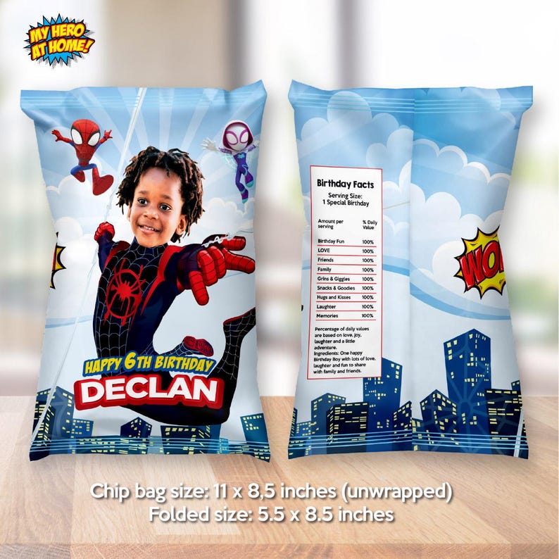 May include: A custom chip bag featuring a child in a superhero costume, Spider-Man graphics, and the text 'HAPPY 6TH BIRTHDAY DECLAN'. The back displays a 'Birthday Facts' nutritional label. The bag measures 11 by 8.5 inches when unwrapped.