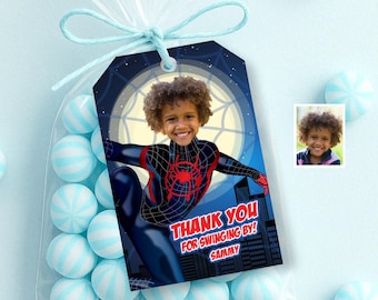 Custom Spiderverse Miles Morales Thank You Favors and Goodies Tags with photo. 664TY