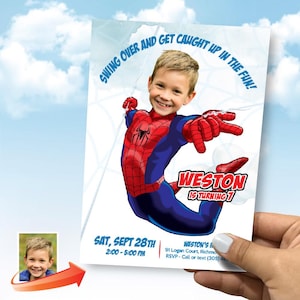 Spiderman Birthday Party Invitation with photo, Spiderman Party template, Spiderman online, Spiderman theme party, Spiderman flyer. 978