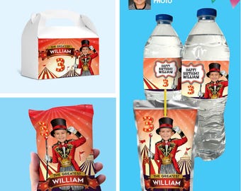 May include: A bundle of birthday party supplies featuring a circus theme. Includes a white gable box, water bottles, a juice pouch, and a snack bag, all with a personalized design. The design includes a child in a ringmaster outfit, the number 3, and the name "William".