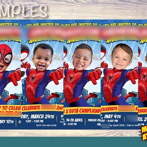 K&ouml;nnte beinhalten: F&uuml;nf bunte Einladungen mit Spiderman-Motiv. Jede Einladung zeigt das Gesicht eines anderen Kindes, das &uuml;ber Spiderman's Kopf gelegt wurde. Die Einladungen sind f&uuml;r eine Geburtstagsparty und enthalten Datum, Uhrzeit und RSVP-Informationen. Der Text auf den Einladungen lautet "My Hero at Home!"