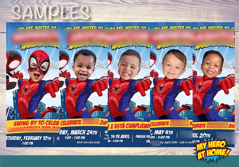 K&ouml;nnte beinhalten: F&uuml;nf bunte Einladungen mit Spiderman-Motiv. Jede Einladung zeigt das Gesicht eines anderen Kindes, das &uuml;ber Spiderman's Kopf gelegt wurde. Die Einladungen sind f&uuml;r eine Geburtstagsparty und enthalten Datum, Uhrzeit und RSVP-Informationen. Der Text auf den Einladungen lautet "My Hero at Home!"