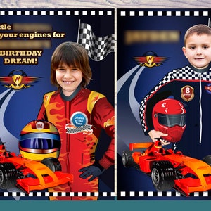 May include: Two birthday party invitations featuring a boy dressed as a race car driver. The invitations have a blue background with a checkered flag and a race track. The text on the invitations reads "Little start your engines for BIRTHDAY DREAM!"