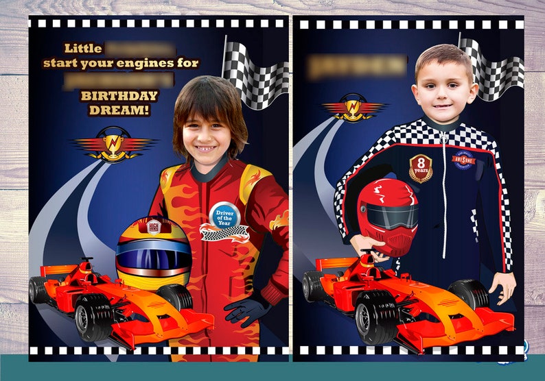 May include: Two birthday party invitations featuring a boy dressed as a race car driver. The invitations have a blue background with a checkered flag and a race track. The text on the invitations reads "Little start your engines for BIRTHDAY DREAM!"