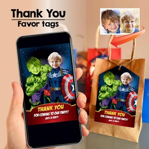 Captain America and Hulk thank you, Captain America and Hulk favor tags, Hulk and Capt America party favors, Joint Capt America Hulk. 169TY