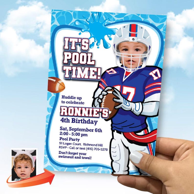 Custom Bills Birthday Pool Party Invitation With Photo, Football Splash ...