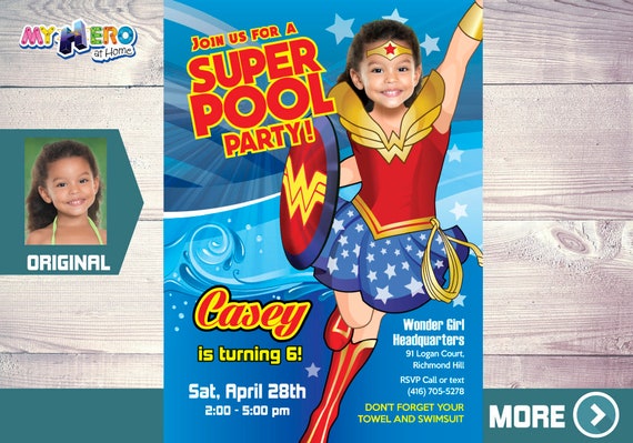 Wonder Woman Pool Party Invitation. Pool Party themed Wonder Woman. Wonder Woman Pool Party Ideas. Super heroine Pool Party. 130 Il_570xn