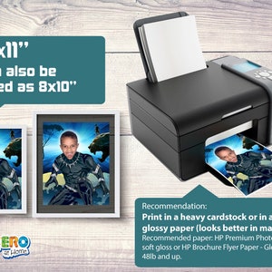 May include: A black printer with a gray top prints a photo of a child in a superhero costume. The image is 8.5x11 inches and can be framed as 8x10 inches. The image is printed on glossy paper.