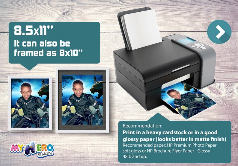 May include: A black printer with a gray top prints a photo of a child in a superhero costume. The image is 8.5x11 inches and can be framed as 8x10 inches. The image is printed on glossy paper.