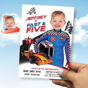 May include: A personalized invitation card with a racing theme. The card features a child in a racing suit, race cars, and the text "JEFFREY IS FAST & FIVE". The date and time of the event are also displayed.