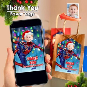 Carte de remerciement Spiderman de Noël, étiquettes de faveur de Noël Spiderman, cadeaux de Noël Spiderman, remerciements de Noël Spiderman. 2172TY