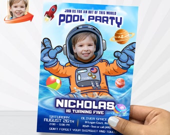 Out of this World Astronaut Pool Party Invitation with kid as the star. 733