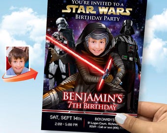 May include: A Star Wars-themed birthday party invitation featuring a child with a lightsaber, Stormtrooper, and Darth Vader. The invitation includes the text "You're Invited to a Star Wars Birthday Party" and "Benjamin's 7th Birthday".