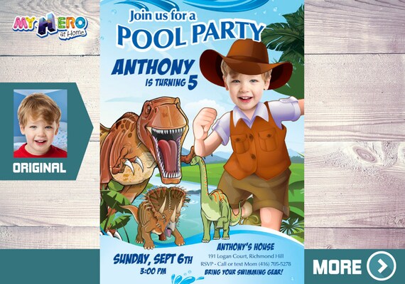 Dinosaurs Pool Party Birthday. T-Rex Pool party. Dinosaurs Adventure Party. Dinosaurs Waterslide Invitation. Dino Splashy Party. 210 Il_570xn