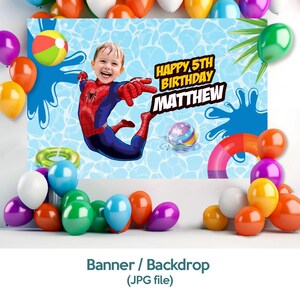 Pu&ograve; includere: Un banner di compleanno con un bambino vestito da Spider-Man, il testo dice "Happy 5th Birthday Matthew." Lo sfondo ha un tema piscina con palloncini, un pallone da spiaggia e un salvagente. Palloncini colorati circondano il banner.