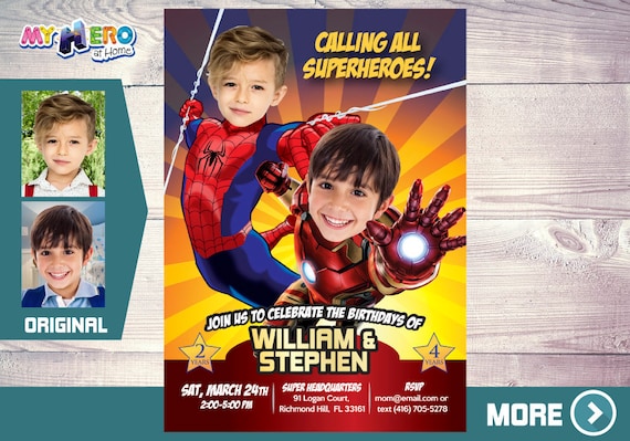 Joint Avengers birthday. Iron Man & Spiderman Birthday Invitation. Superheroes Birthday Invitation. Brothers Superheroes Birthday Party. 295 Il_570xn