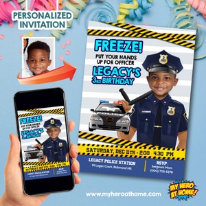 Gepersonaliseerde politie uitnodiging met foto, politie verjaardagsuitnodiging sjabloon, Freeze politie uitnodiging, politieagent officier uitnodiging. 779
