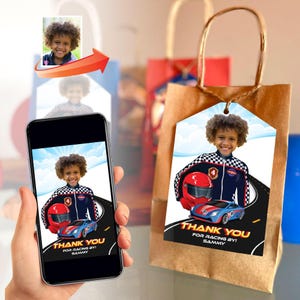 Racing Car Birthday Thank You with photo, Race Car Favor Tags labels, Race Car party labels, Personalized Race Car goodie bags. 955TY