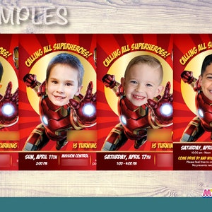 Puede incluir: Cuatro invitaciones de cumplea&ntilde;os imprimibles con la cara de un ni&ntilde;o superpuesta a una imagen de Iron Man, un superh&eacute;roe. Las invitaciones son rojas, amarillas y naranjas con el texto "Calling all superheroes!" y "Is turning..." Las invitaciones incluyen las fechas y horas de las fiestas.