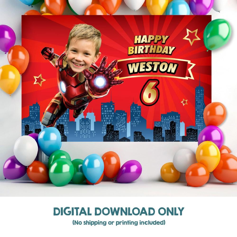 Gepersonaliseerde Ironman-banner met je foto, Ironman-achtergrond verjaardag, Ironman-feestdecor met je kind als Iron Man, Ironman-telon, 2333BB