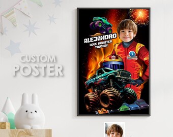 Custom Monster Trucks Poster with kid as the star driver, Just a boy who loves Trucks Printable Gifts. 998