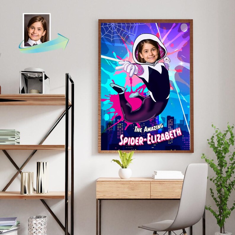 Puede incluir: Un p&oacute;ster colorido con un superh&eacute;roe con un traje blanco y negro, con un fondo de ciudad. El texto "The Amazing Spider-Elizabeth" est&aacute; impreso en el p&oacute;ster.