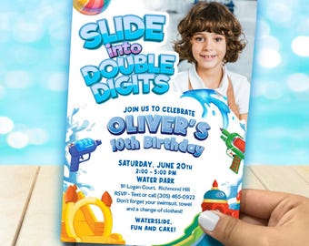 10th Birthday Water Slide Party Invitation With Photo, Double Digits Waterslide. (Digital). 2452IN10