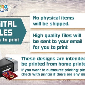 May include: Image promoting digital files for printing. Text includes "DIGITAL FILES for you to print" and "No physical items will be shipped." A printer is shown, with a printed image. The logo "MY HERO at Home" is at the top.