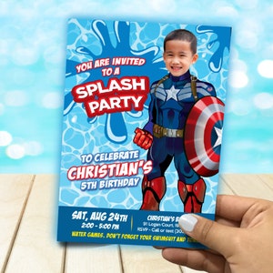 Captain America Splash party Invitation with photo, Captain America Water slide birthday, Capt America Splash party flyer. 943