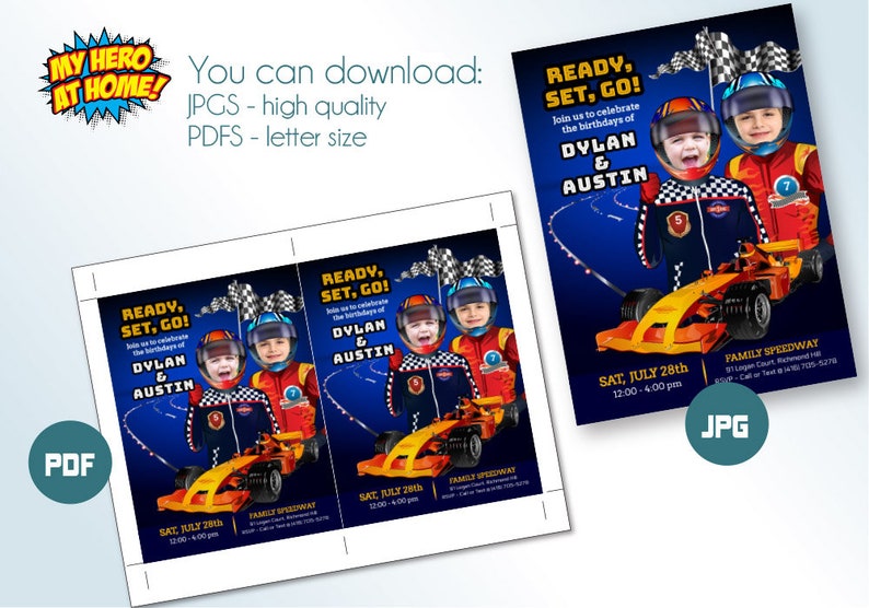 Joint Race Car Invitation with photos, Race Car Digital Invitation, Siblings Race Car Party, Race Car Siblings Invitation with photos. 1051 image 3